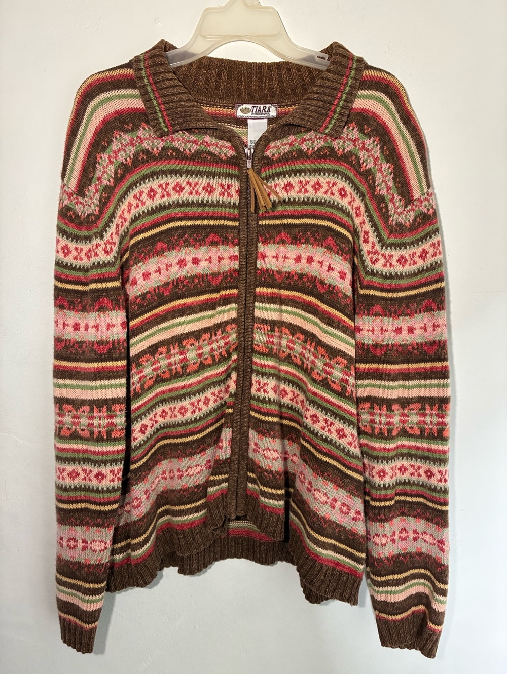 Tiara Pink & Brown Zip-Front Fair Isle Sweater Xl